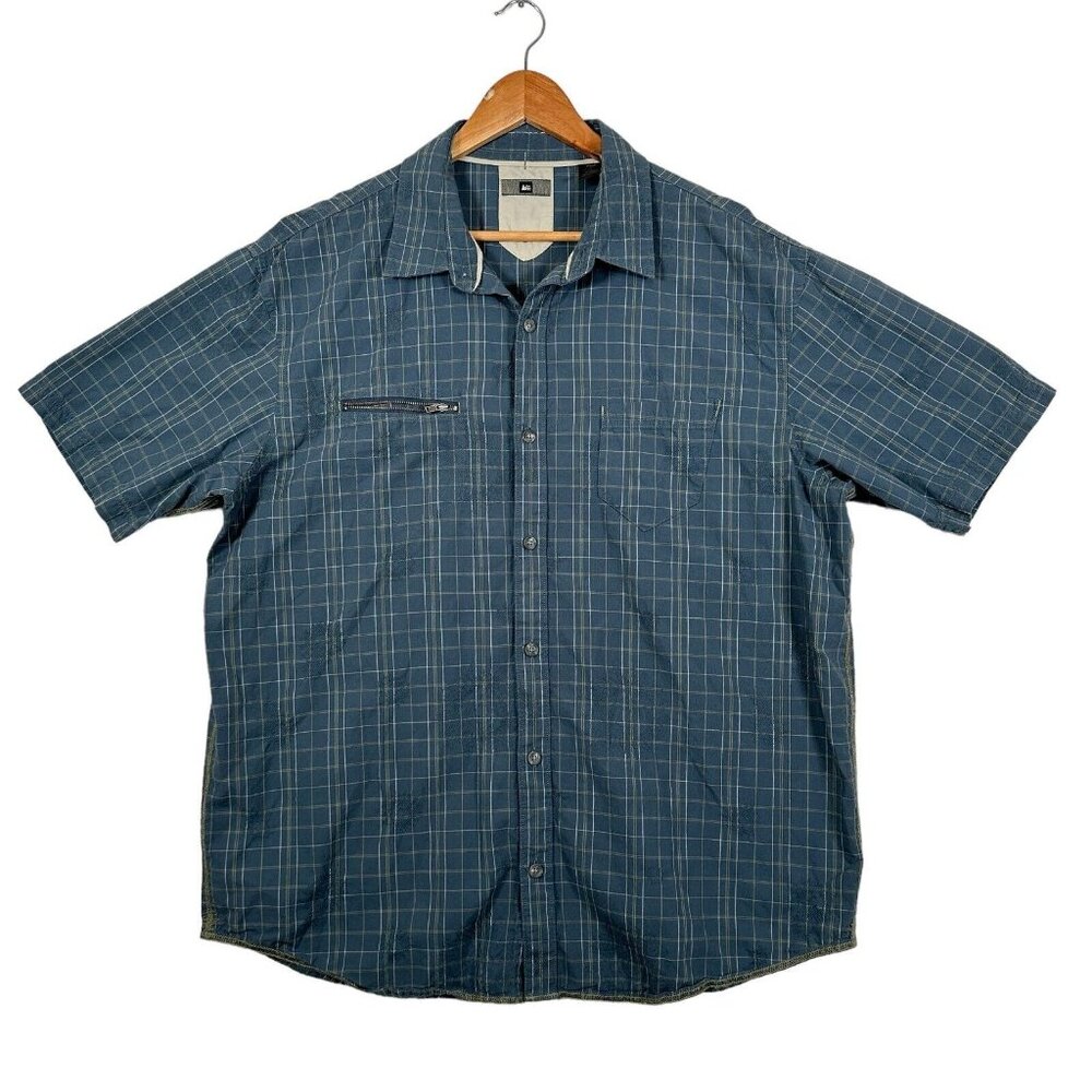 REI Mens Size XL Shirt Short Sleeve Button Front‎ Blue Plaid Y2K Embroidered Sun